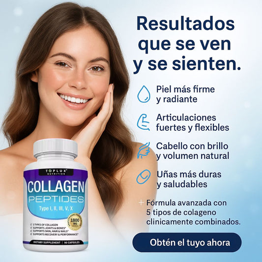 Colágeno 5 en 1 para apoyar la firmeza de la piel, las articulaciones, huesos, cabello y uñas.